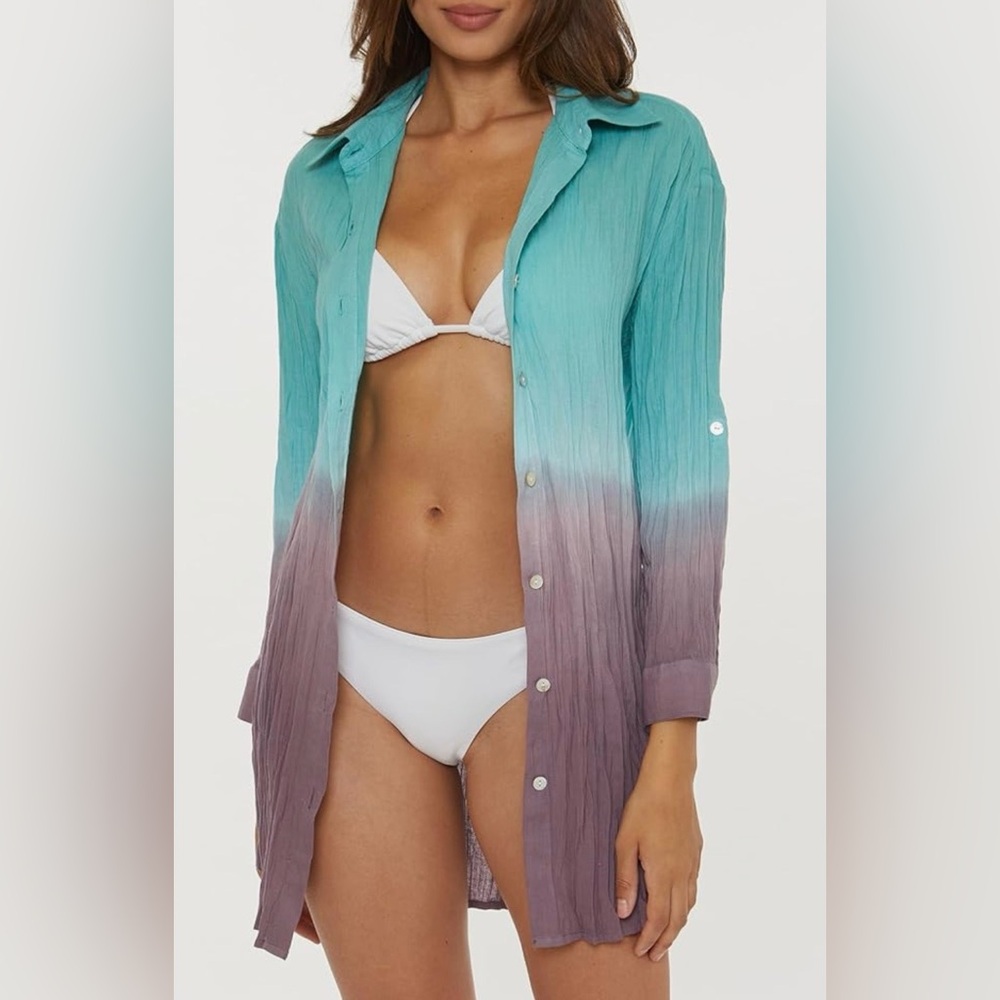 Becca by Rebecca Virtue Women's Plisse Beach Cover Up Shirt Dress - Picture 12 of 13